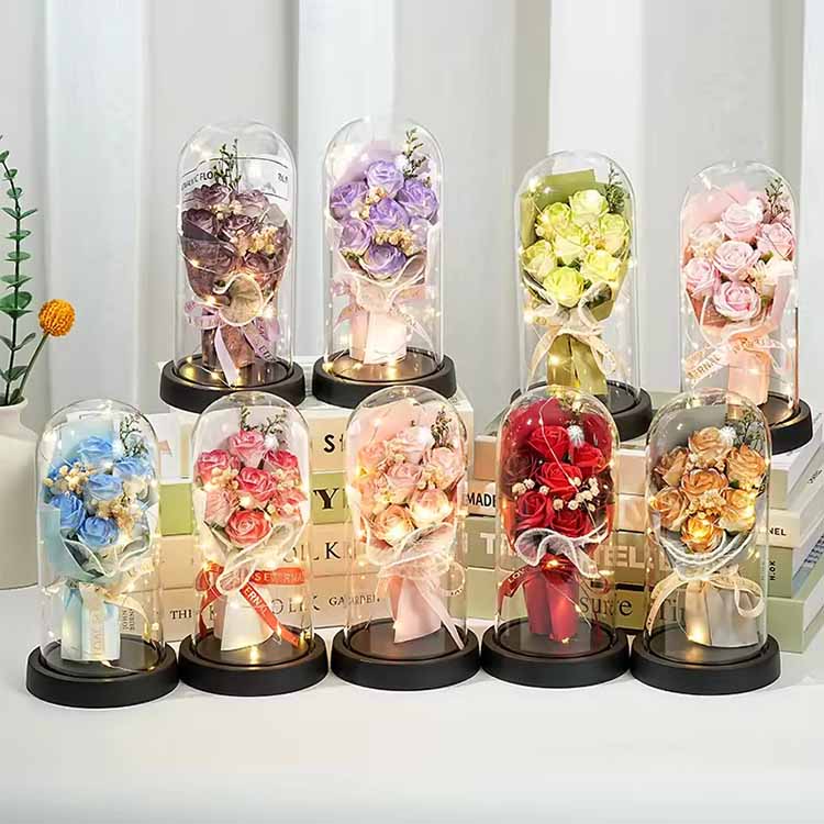 Sabun Kubah Kaca Rose Bouquet dengan LED